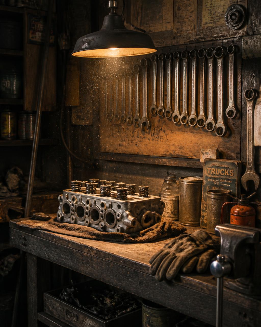 A well-used workbench in a rural garage, wrenches and worn gloves under a work lamp