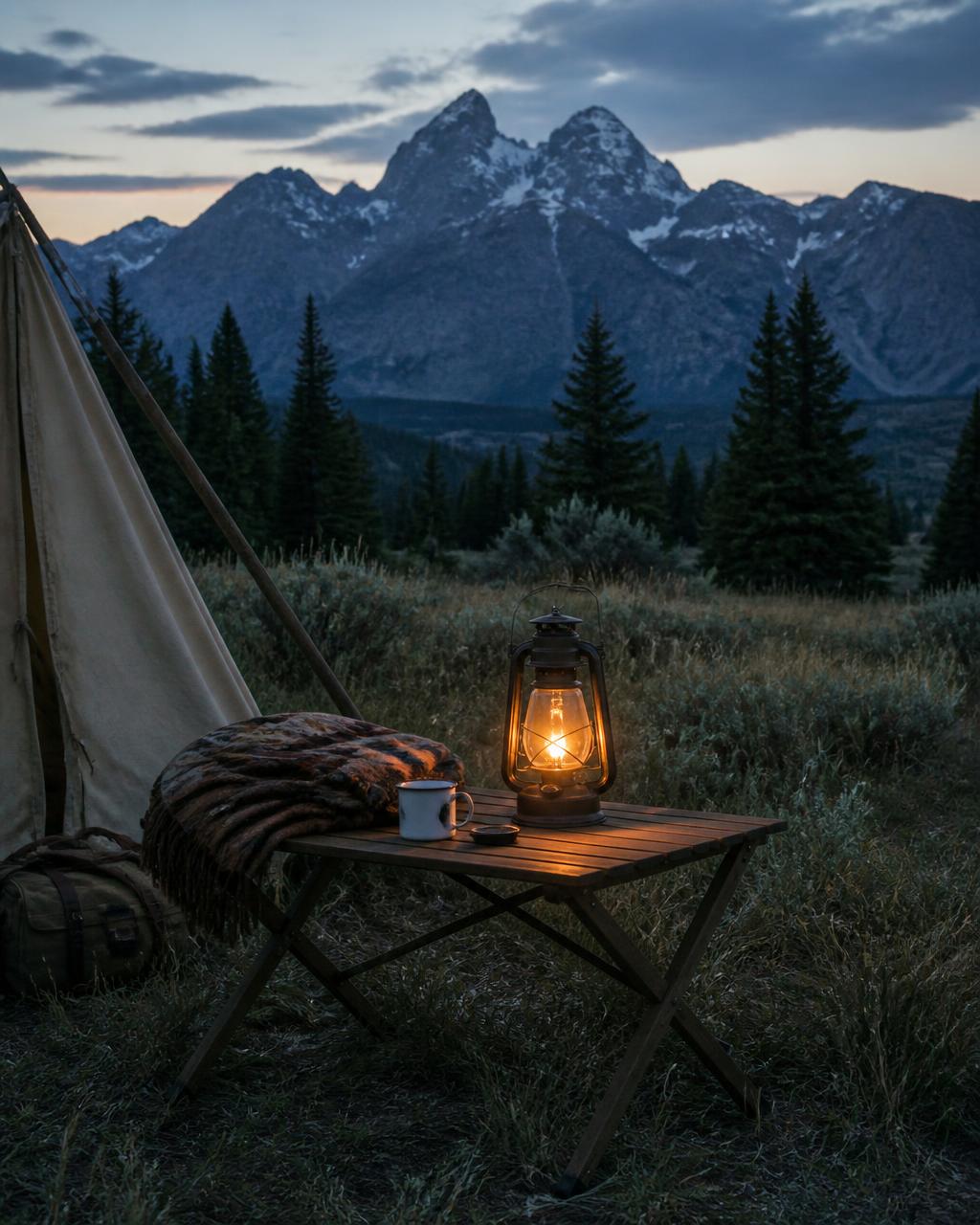A lantern glowing beside a canvas tent at dusk in a mountain meadow