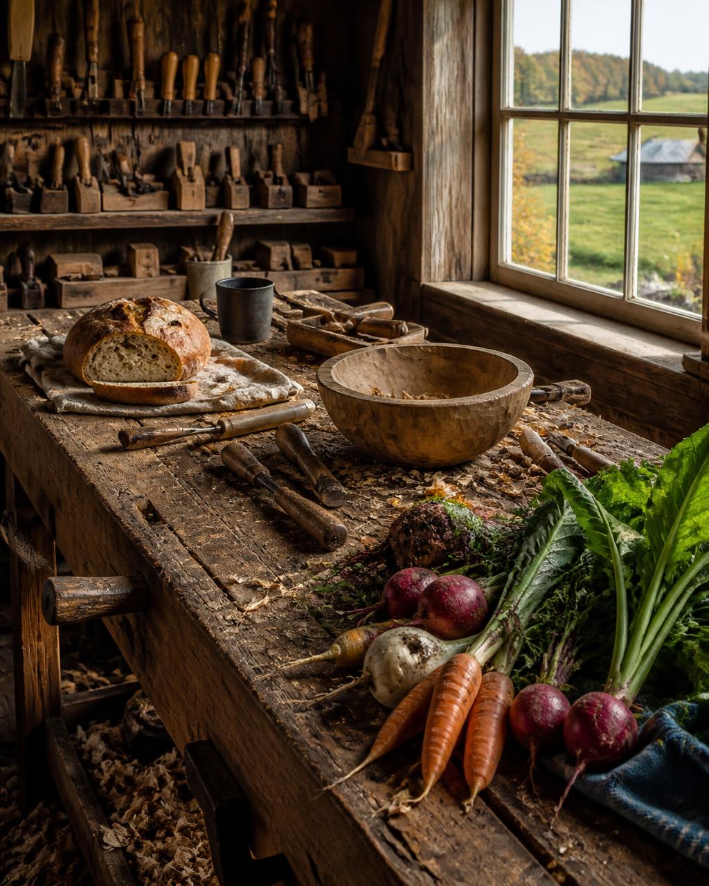 A woodworker's bench with hand tools, fresh bread and garden vegetables in barn light