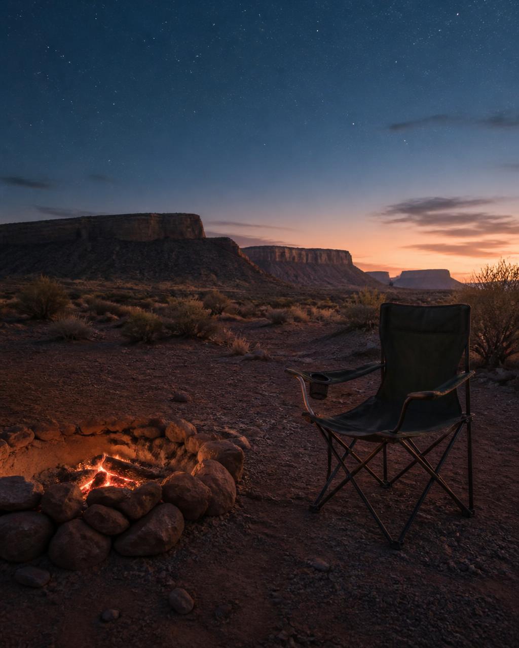 An empty camp chair beside a fire ring in the desert at blue hour