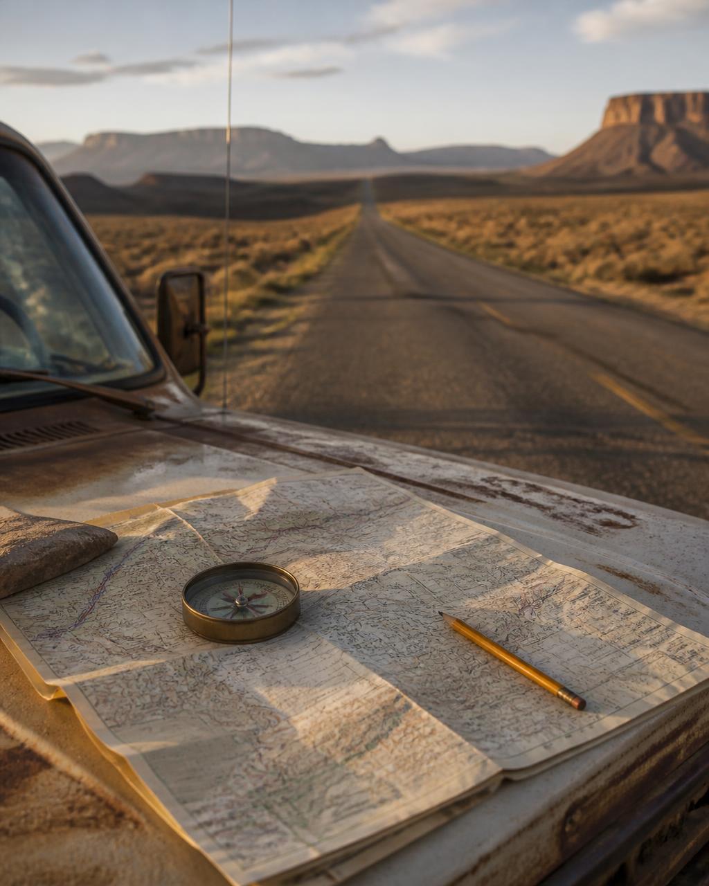 A folded paper map and compass on a truck hood, open desert highway ahead at dawn