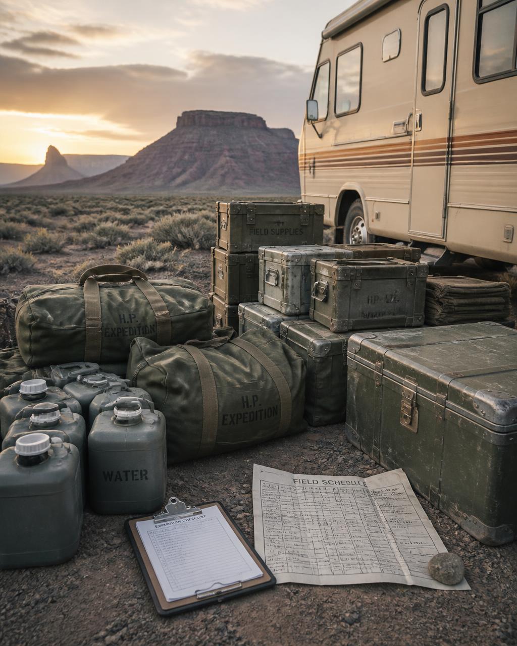 Expedition supplies, water cans and a field schedule laid out beside an RV at dawn