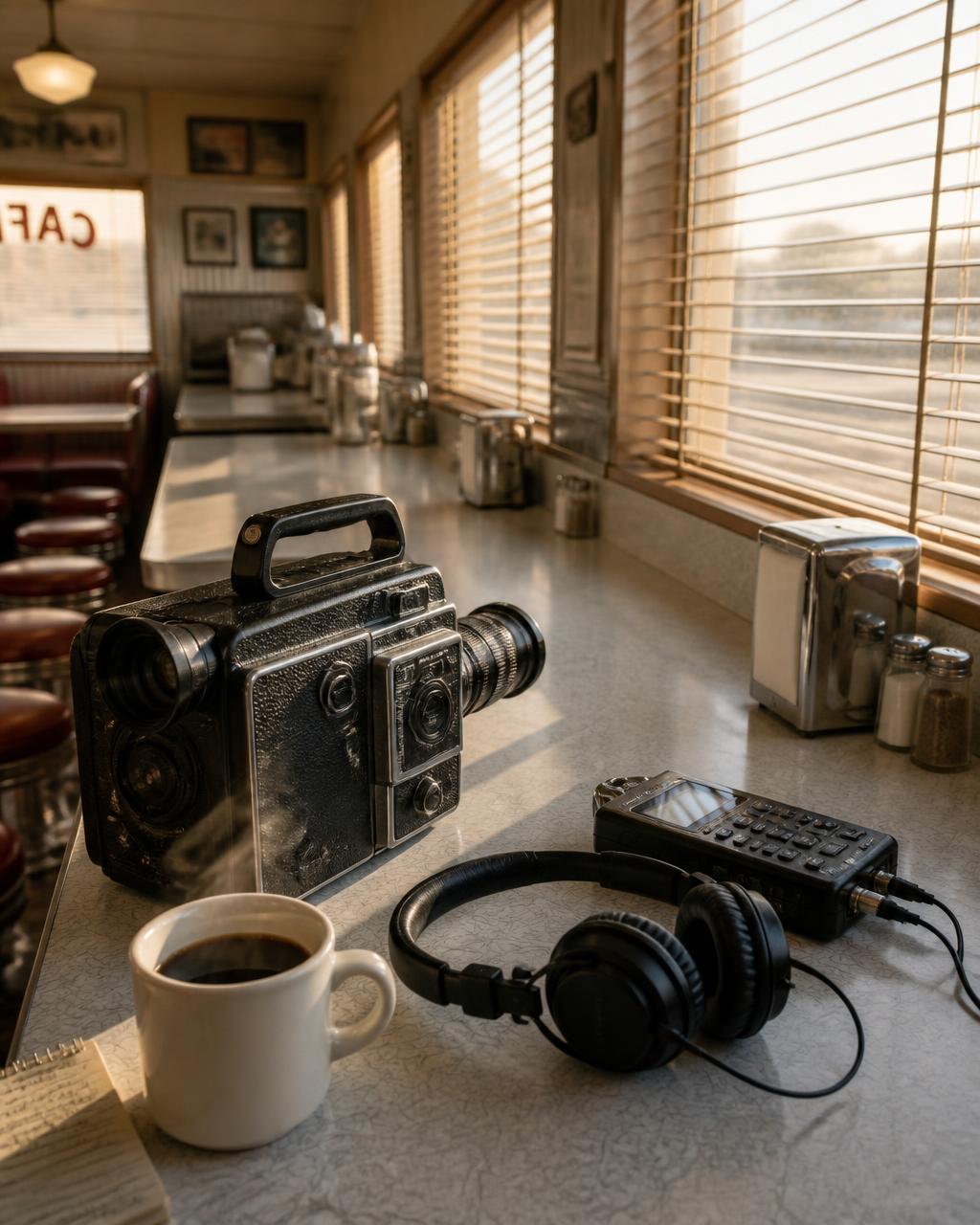 A film camera and field recorder on the counter of a quiet roadside diner
