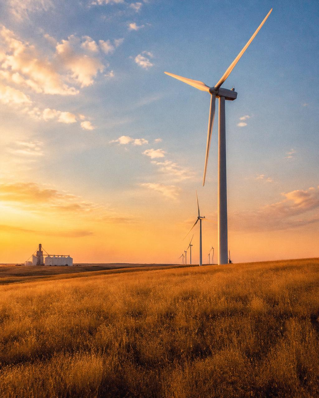 Wind turbines rising over golden prairie grass at sunrise
