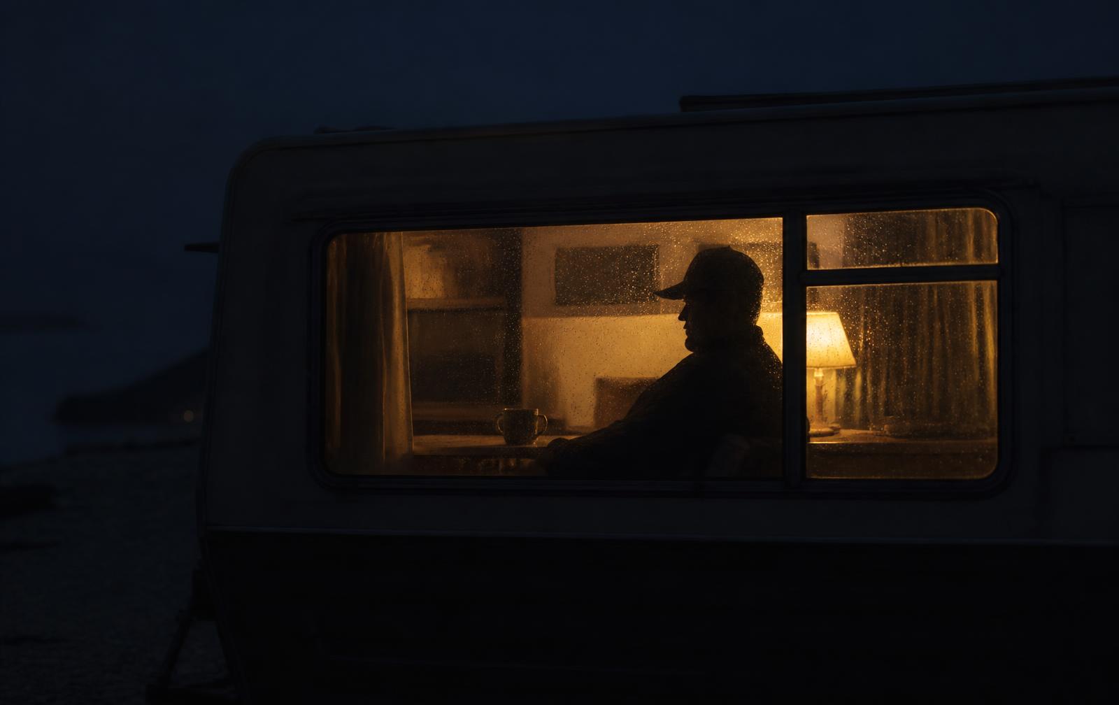 An unidentifiable silhouette seated inside a lamp-lit RV at night, seen through a rain-flecked window