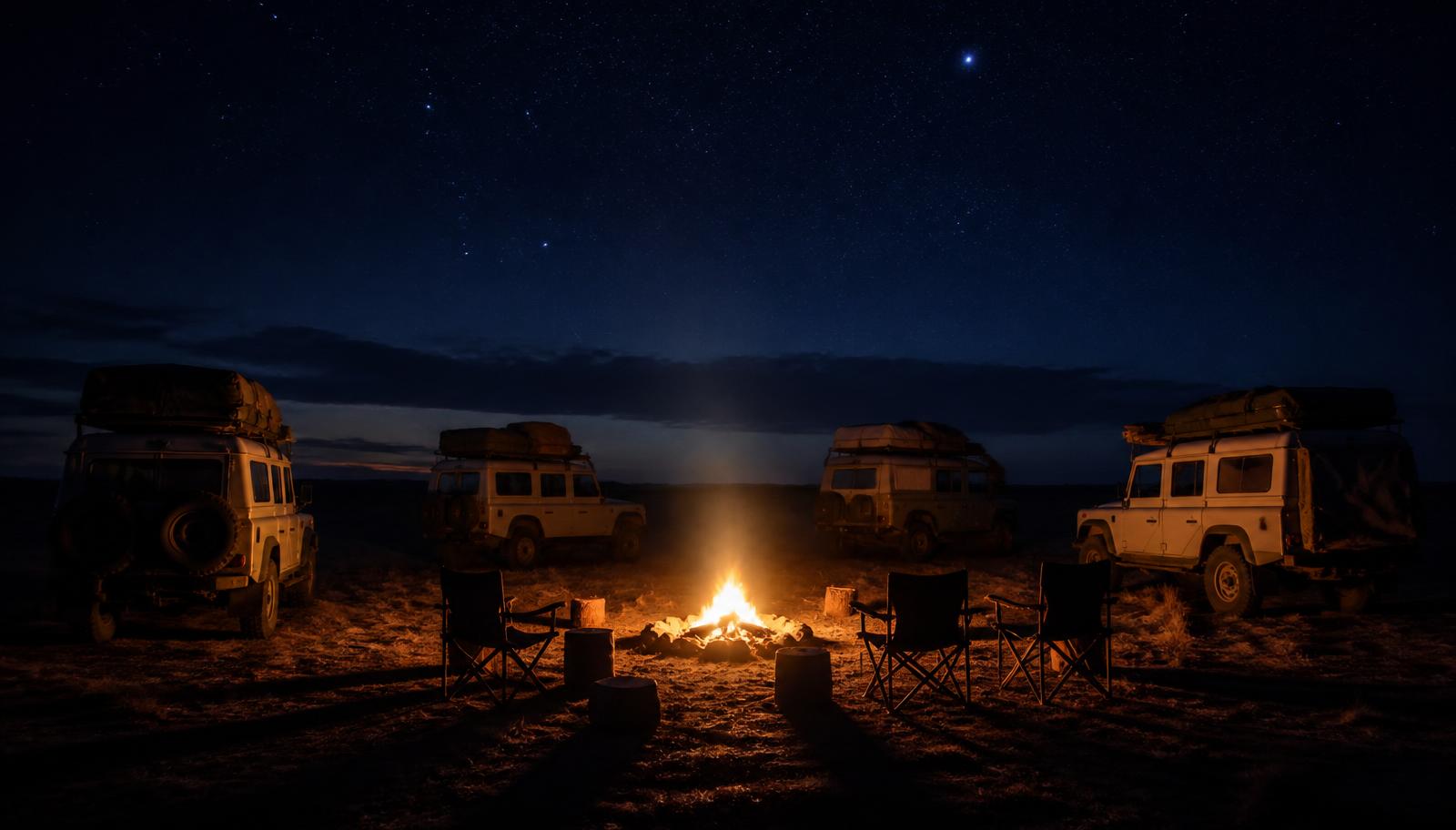 Crews gathered around a campfire under a night sky