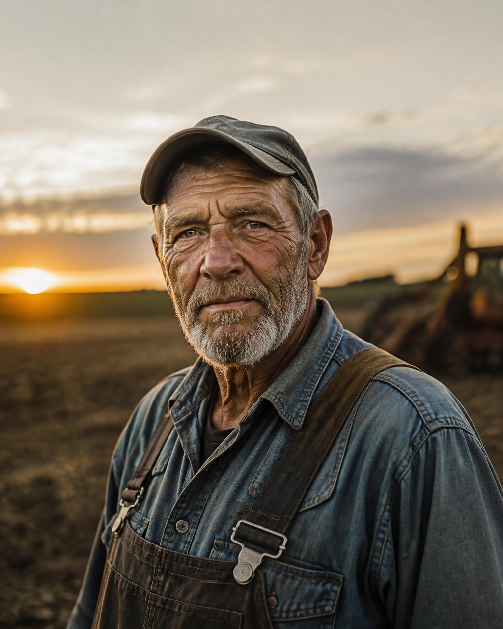 A farmer standing in his field at golden hour