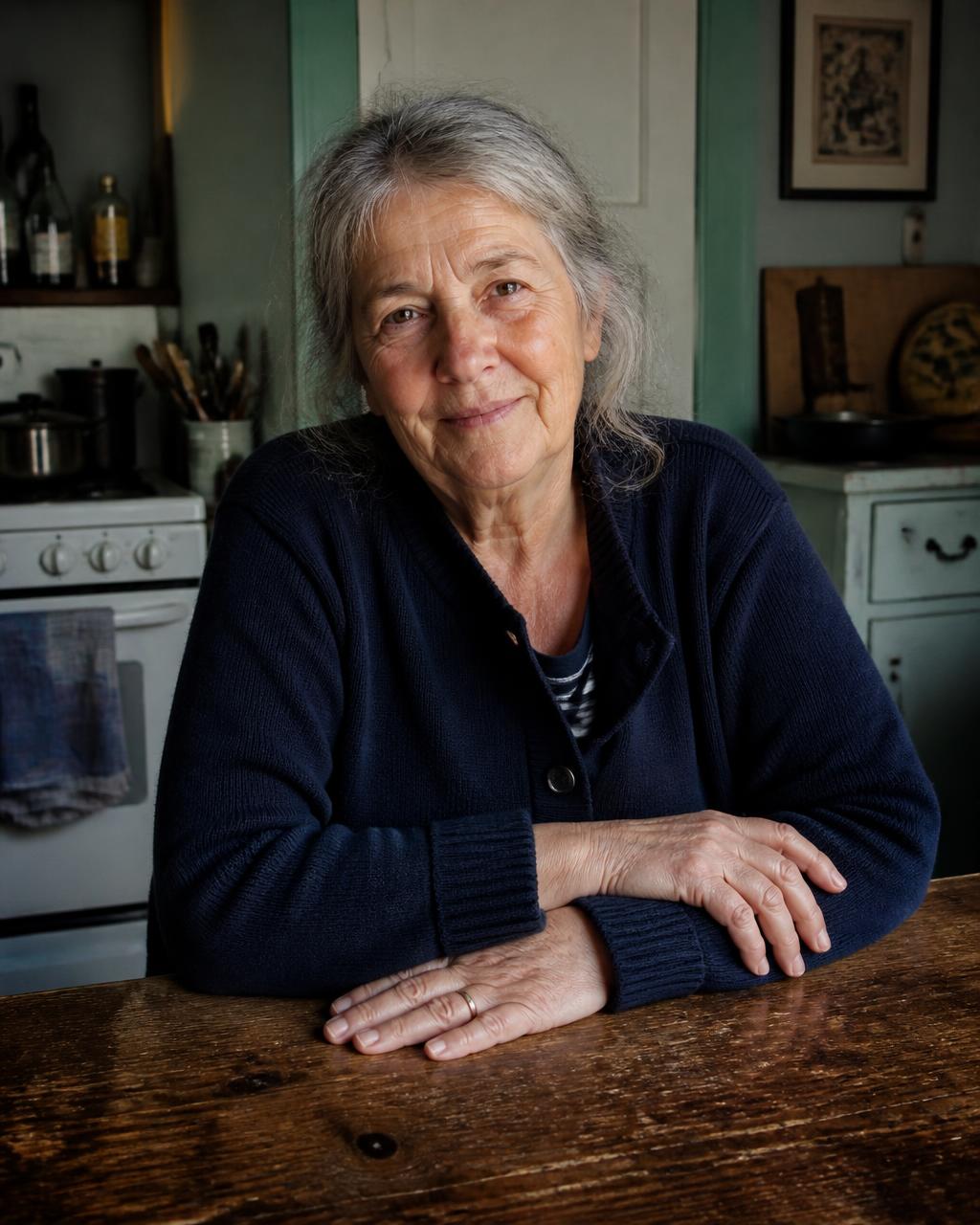 A woman at her kitchen table, hands resting on worn wood