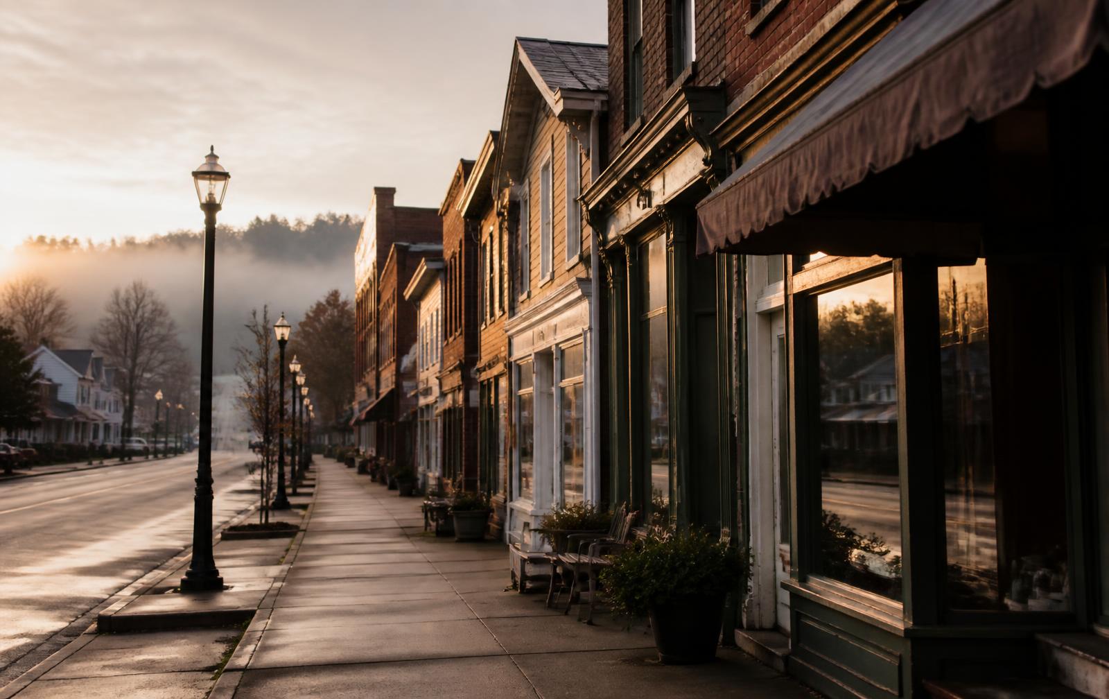 A quiet American main street at dawn