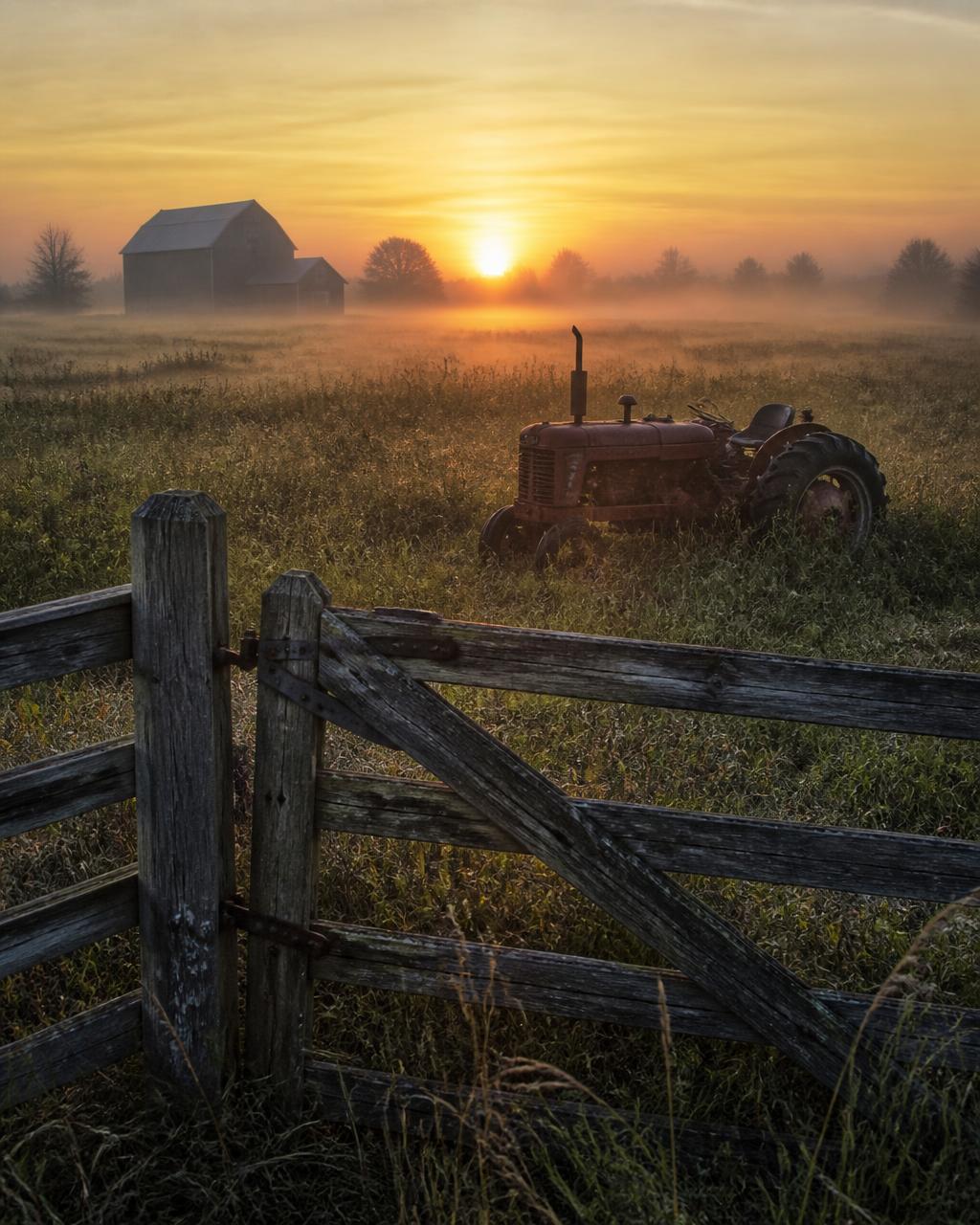 A farm gate and old tractor at sunrise