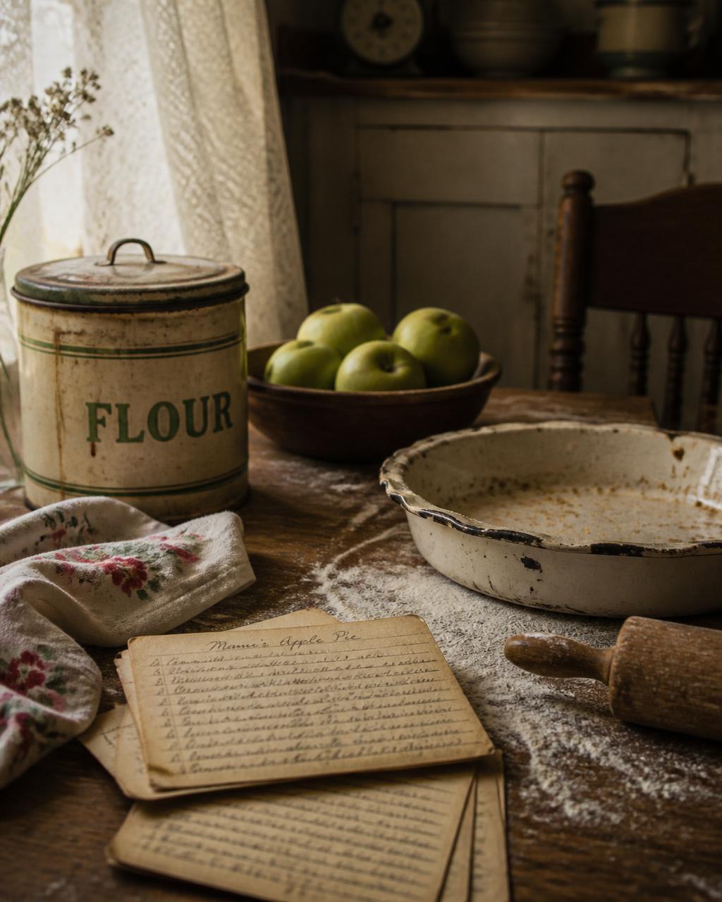 A farmhouse kitchen table with handwritten recipe cards