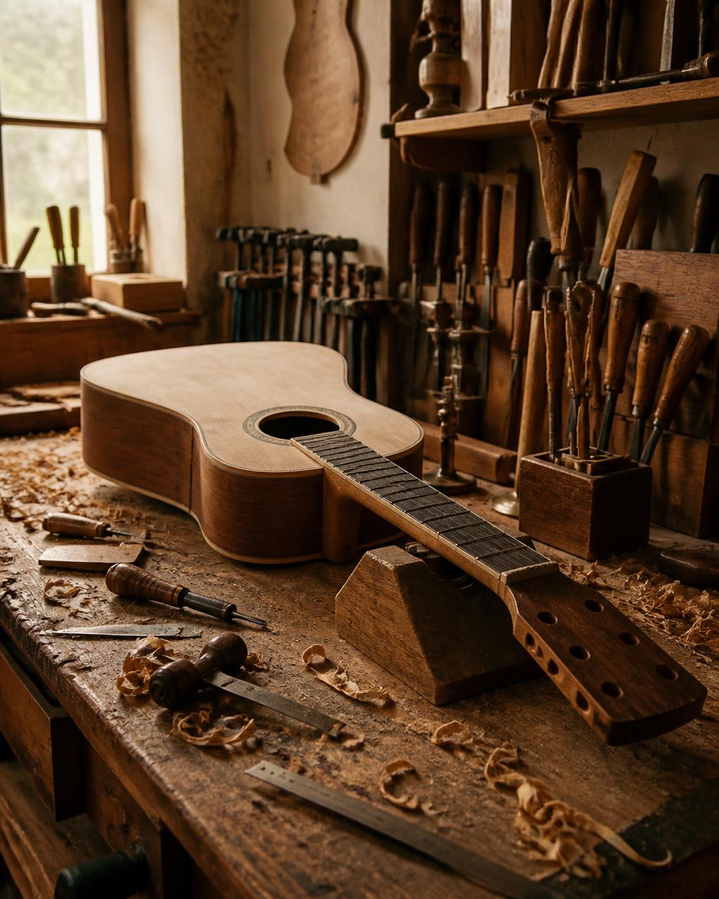 A luthier's bench with a half-built guitar
