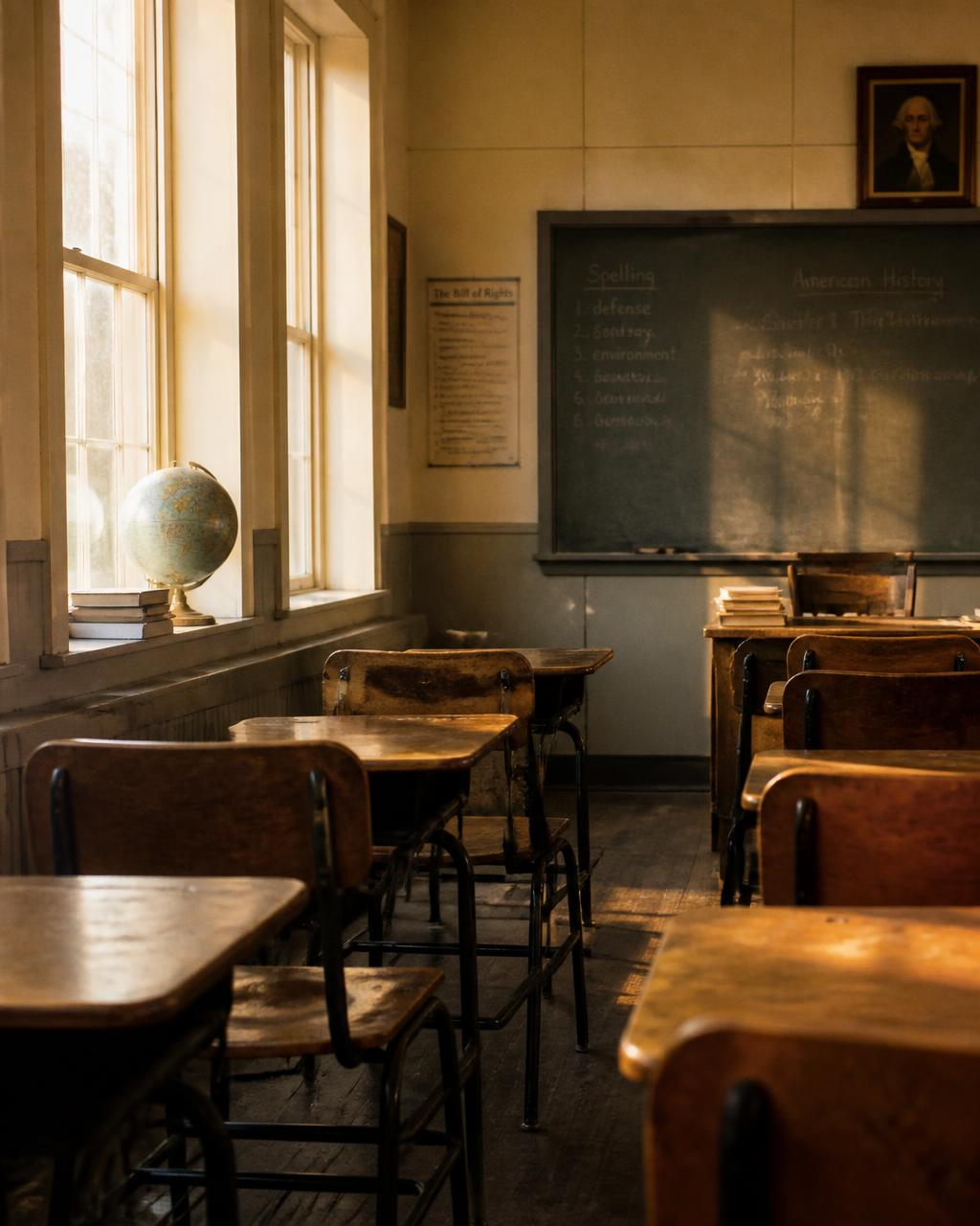 An empty small-town classroom in late afternoon light